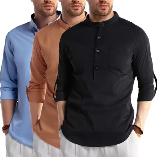 2025 Spring and Summer Pure Cotton Men's Long-Sleeve Henley Shirt Yiwu Shirt Men's Formal Large Men's Clothing