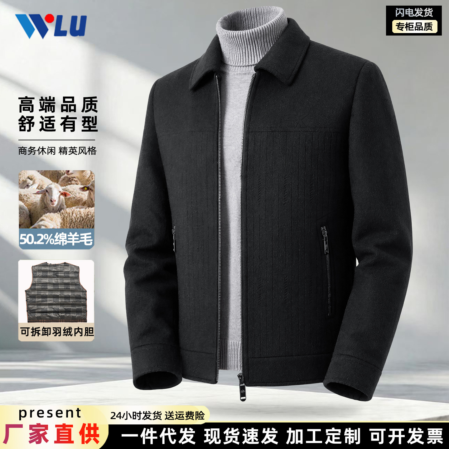 Men's wool jacket, autumn/winter style, lapel, zipper, down lining, casual, suitable for middle-aged and elderly men, double-faced wool coat.