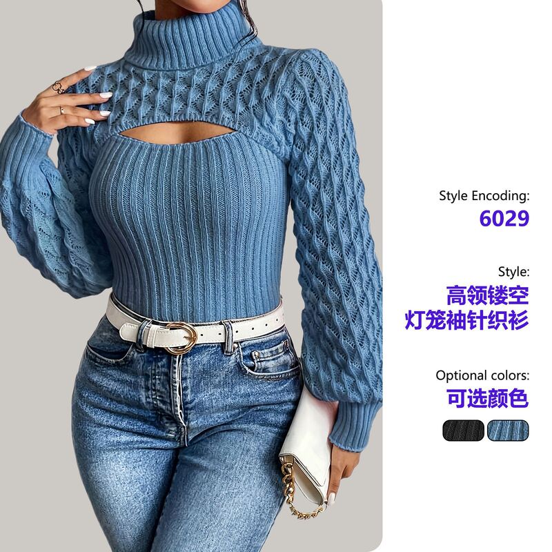 European and American Autumn and Winter Blue Turtleneck Cut Out Knitwear Twist Lantern Sleeve Slim Fit Cross-Border Fashion Sexy Knitwear European and American Autumn and Winter Blue Turtleneck Cut Out Knitwear Twist Lantern Sleeve Slim Fit Cross-Border Fashion Sexy Knitwear
