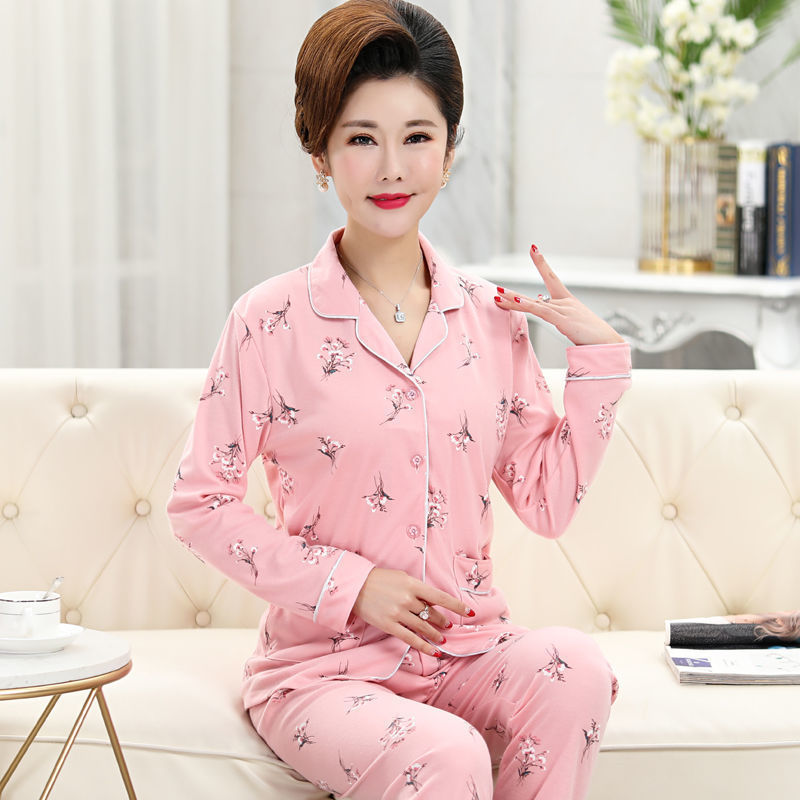 [Plus size] mamá de mediana edad y ancianos pijamas de manga larga de las mujeres de edad avanzada primavera y otoño ropa de hogar traje de Cardigan de verano