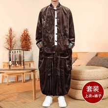 中国风禅意秋冬季金丝绒折褶阔腿太极服套装男士立领潮牌唐装宽松