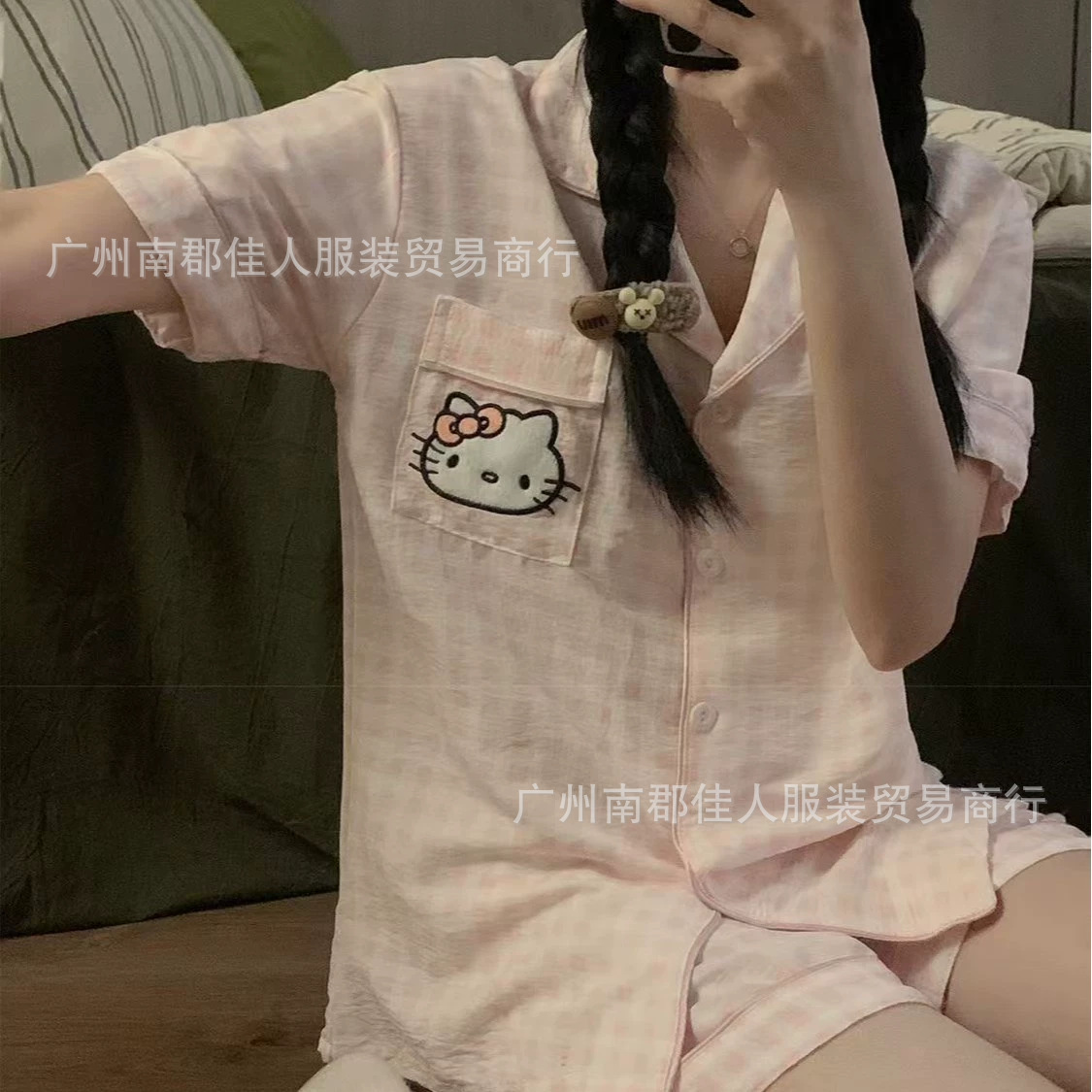 더블 짧은 격자 무늬 자수 고양이