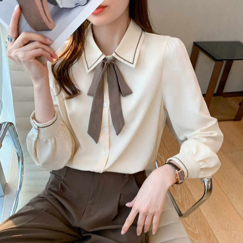 프랑스 활 셔츠 여성의 2025 봄과 가을 새로운 레이스 업 서양식 시대 감소 시폰 탑 셔츠 내부