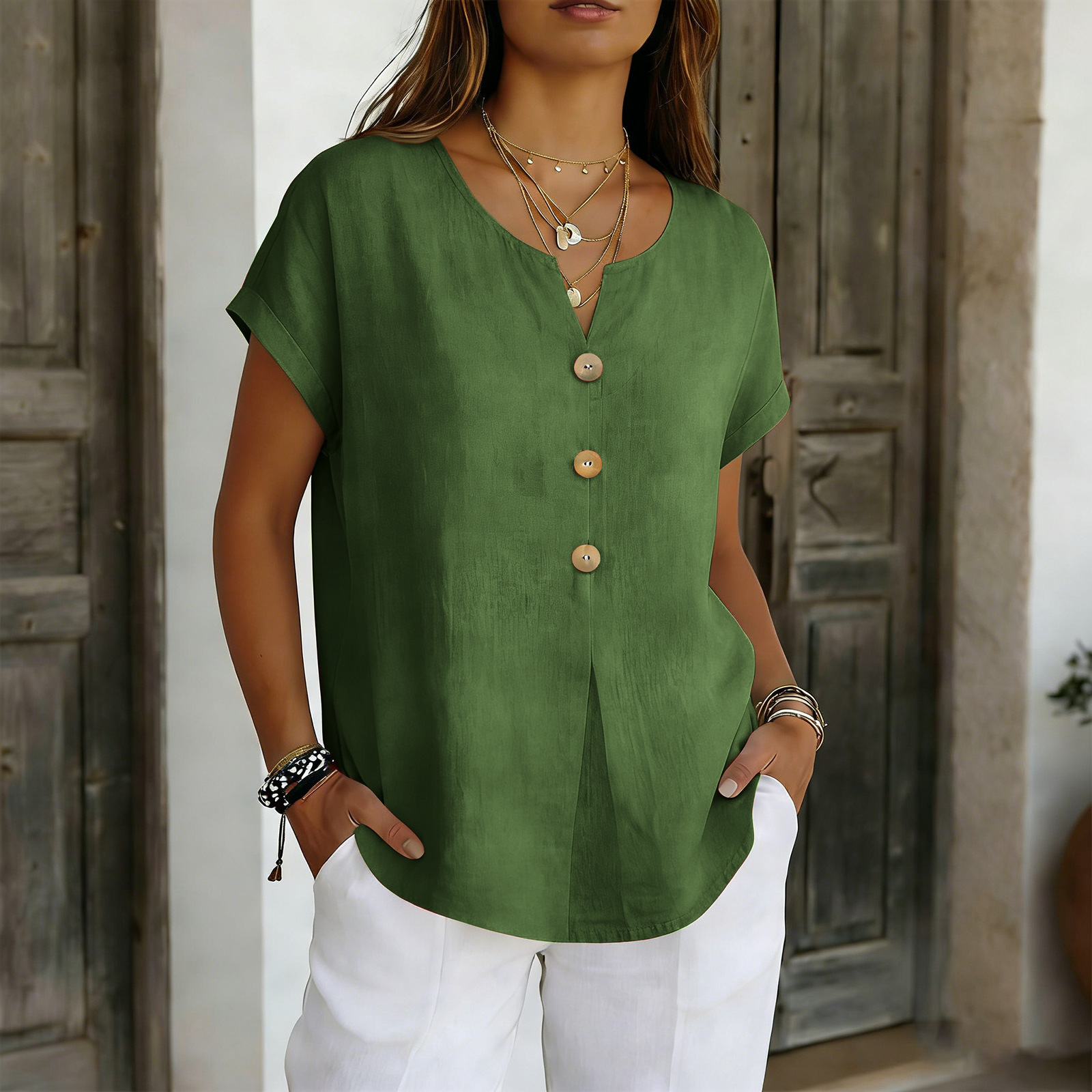 Breathable Button-Front V-Neck Blouse, Loose Fit Short Sleeve Top For Women, Soft Polyester Casual Shirt For Work And Daily Wear_ecoleips.com
