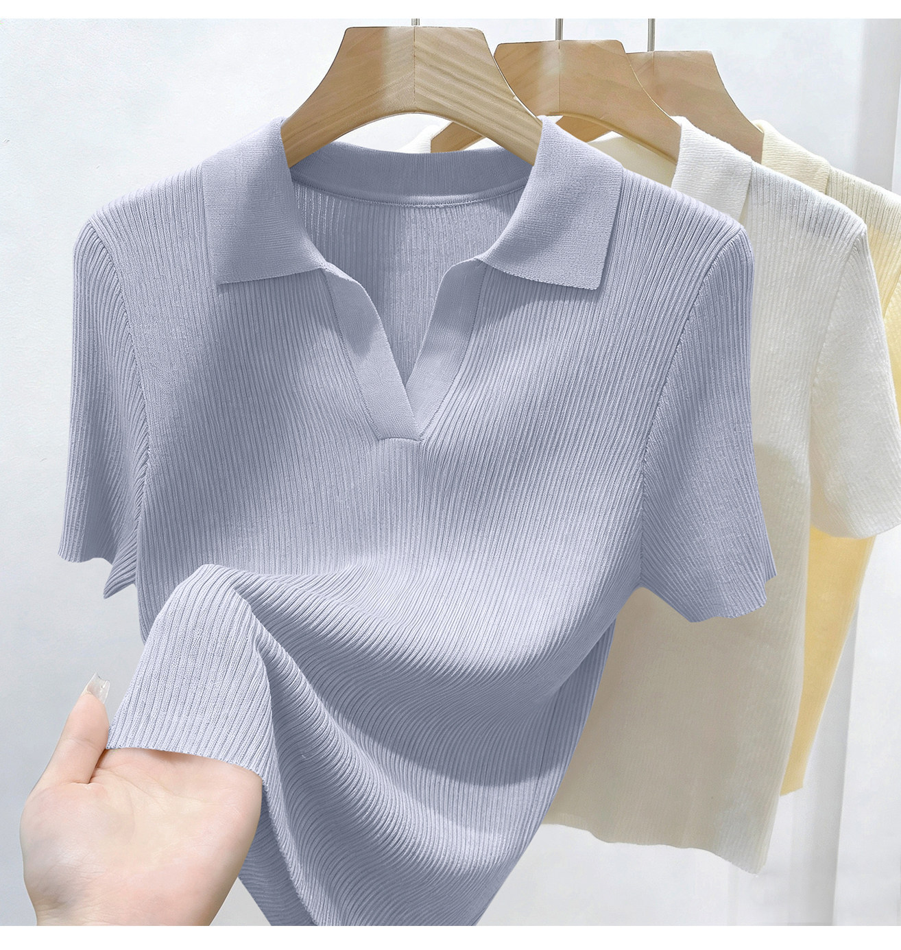 Áo thun nữ cổ polo tay ngắn dáng ôm chất liệu len mỏng mùa hè — màu xanh nhạt chi tiết 5