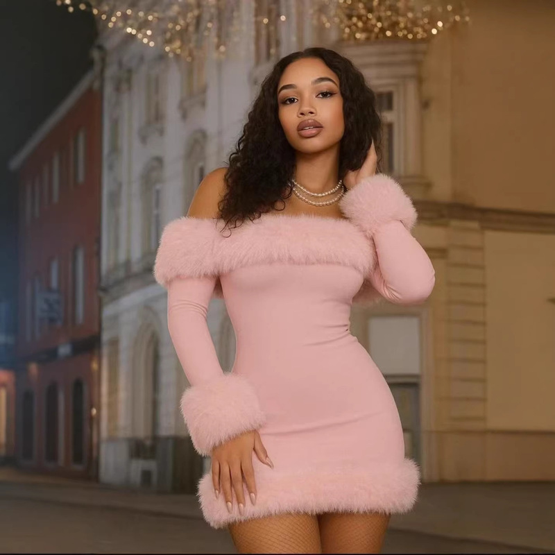 Cross-Border 2024 Autumn and Winter New Black Swan One-Shoulder Fur Collar Tube Top Dress Feminine Tight Hip-Hugging Short Skirt