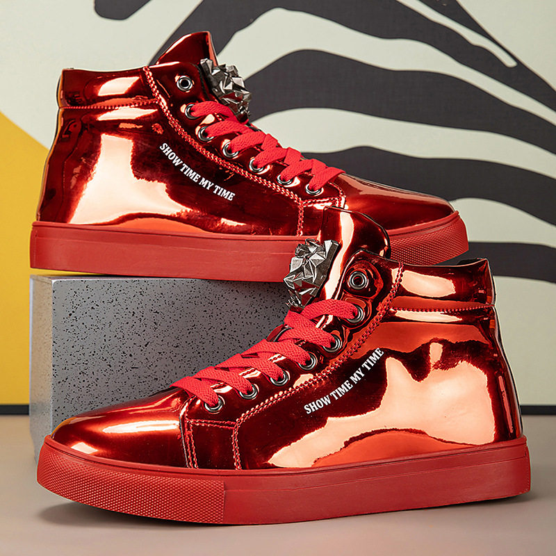 Giày sneaker nam cổ cao da bóng phong cách Hàn Quốc, giày thể thao thời trang cá tính — Bạc, màu xanh, màu đen, màu đỏ