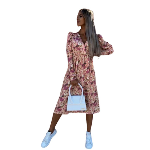 Wish Spring and Summer New Loose Long-Sleeve V-Neck Waist-Close Print Dress for Women