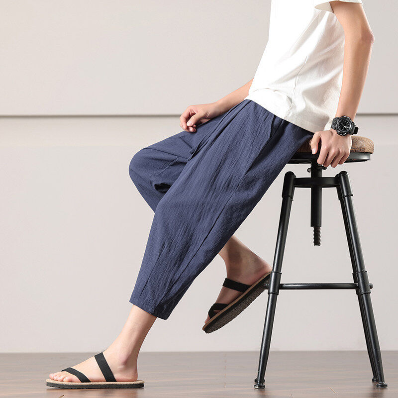 Linen Cropped Pants Men's Summer Thin Breathable Cotton and Linen Pants Straight Loose Casual Shorts Large Size 7-Point Breeches