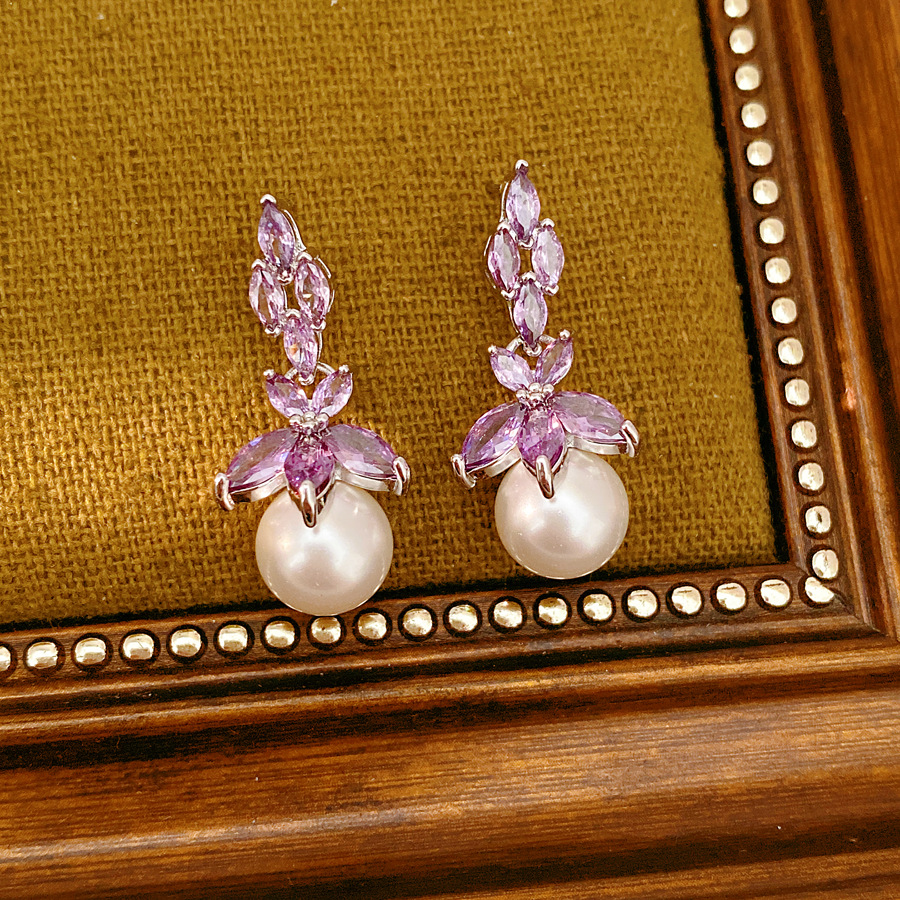 Agujas de plata, flores, perlas, perlas, temperamento diario, pendientes de aretes de lujo ligero, pendientes de alta calidad, al por mayor.
