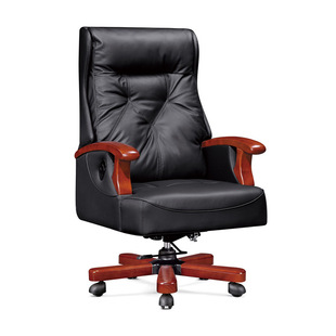 Chinese-style leather solid wood office chair reclining lunch break first layer cowhide boss chair traditional office chair manager Executive Chair