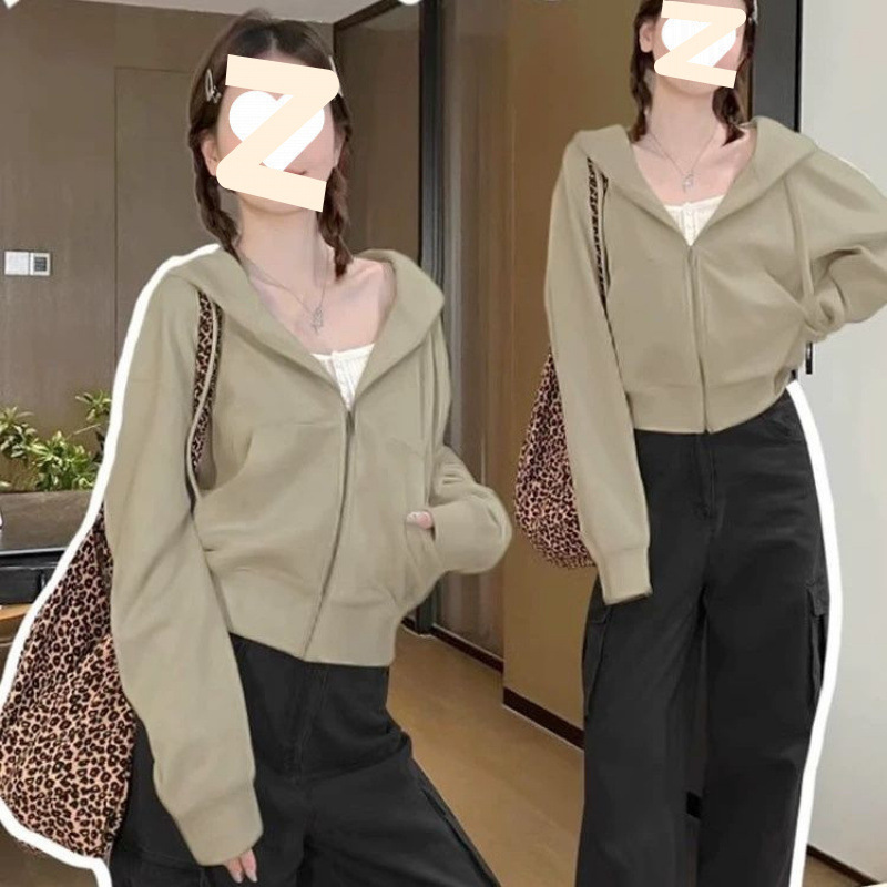 白灰卫衣开衫女2025春秋新款宽松休闲连帽棒球服短款美式运动外套|undefined