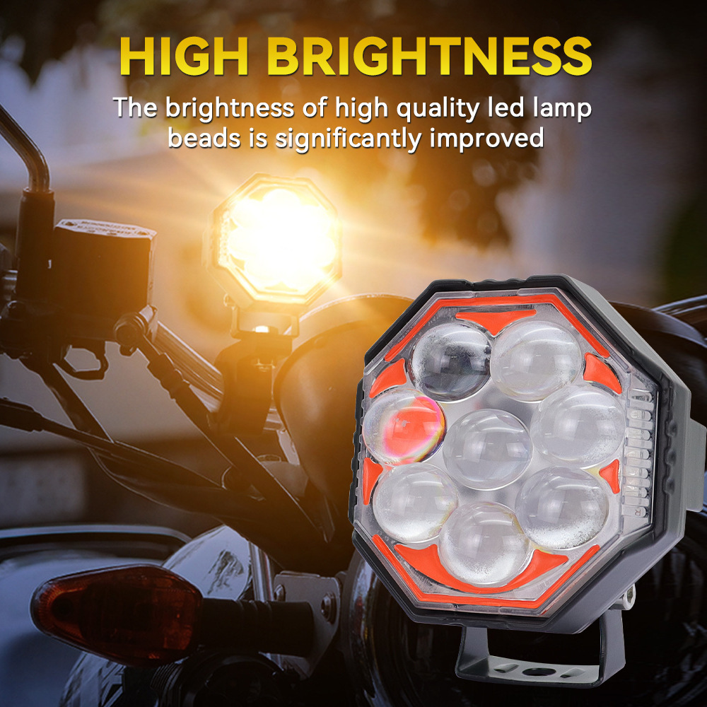 Customized Led Motorcycle Spotlights, Octagonal Spotlights, Dual-Color External Headlights, High-Brightness Electric Vehicle Lights
