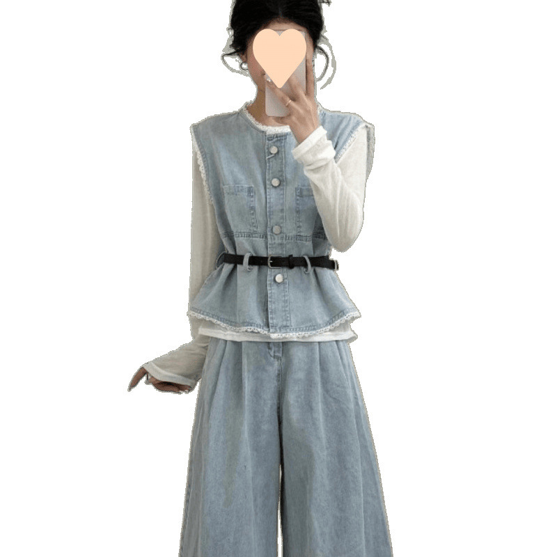 女性用スーツ 2025 春夏新作デニムベストと長袖ボトムシャツとハイウエストワイドレッグパンツのスリーピーススーツ|undefined