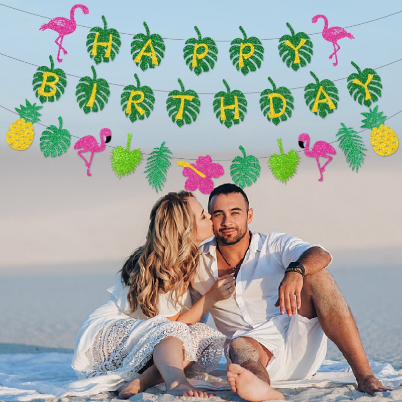 Fiesta de cumpleaños de verano hawaiano decoraciones de bandera de dibujo de fiesta de cumpleaños tropical atmósfera decoración de pancarta colgante