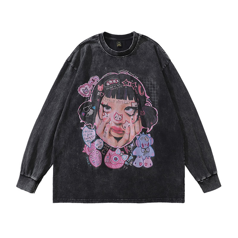 TKPA hip-hop street Y2K sweet and cool cartoon printed wash water round neck sweatshirt men heavy trendy couple long sleeve T-shirt
