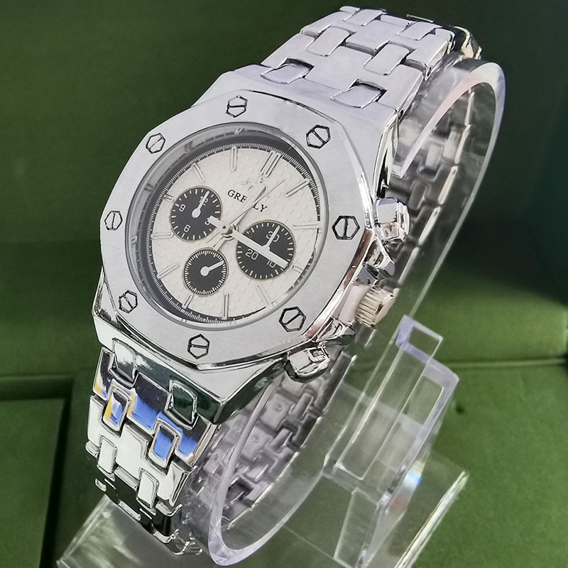 Relógio de quartzo com pulseira de aço masculino e feminino 2024, clássico, casual, três olhos, com calendário, à prova d'água, para casal_voghion.com