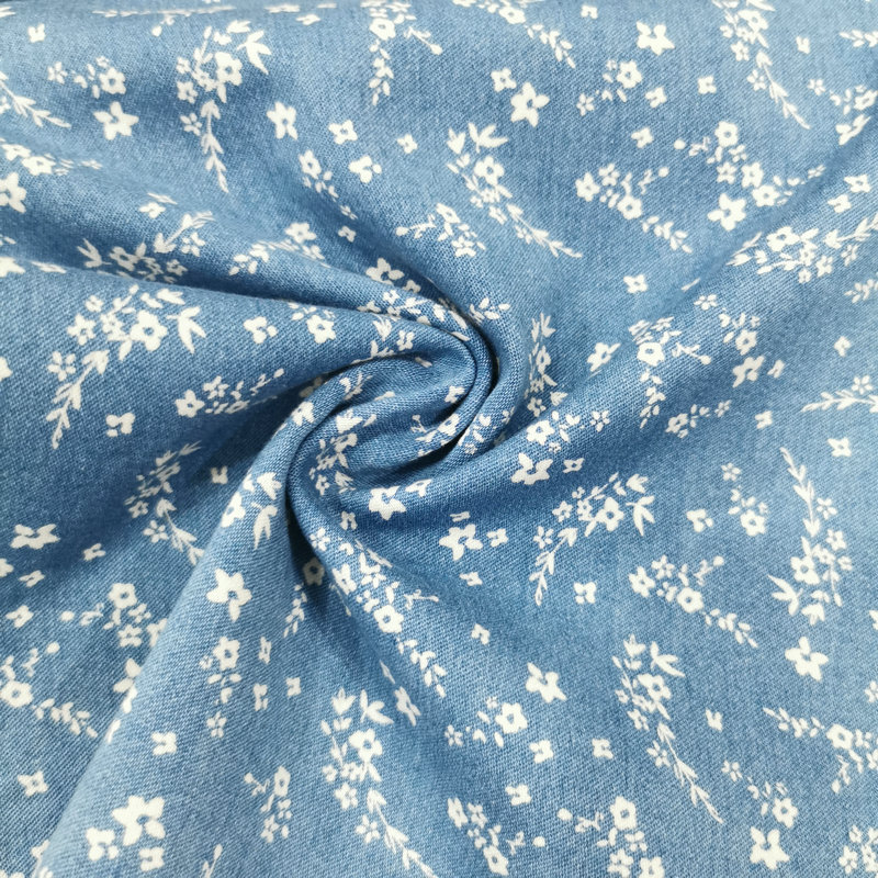 Spring and Autumn Thin Polyester-Cotton Stretch Satin Printed Denim Fabric, Washable, Light White Floral Print Denim Fabric