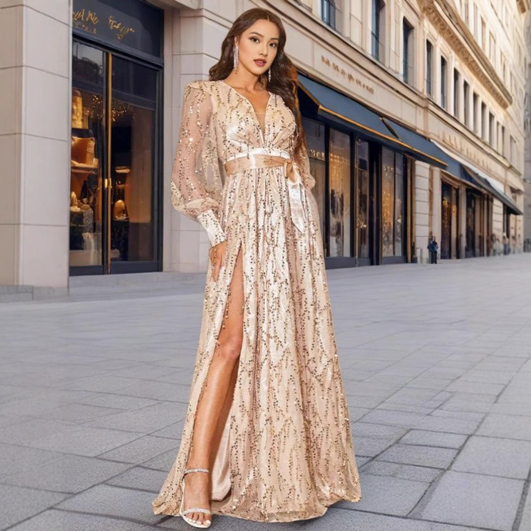 2025 Automne européen et américain des femmes transfrontalières nouvelle maille sequin grande balançoire banquet événement robe de soirée robe jupe longue