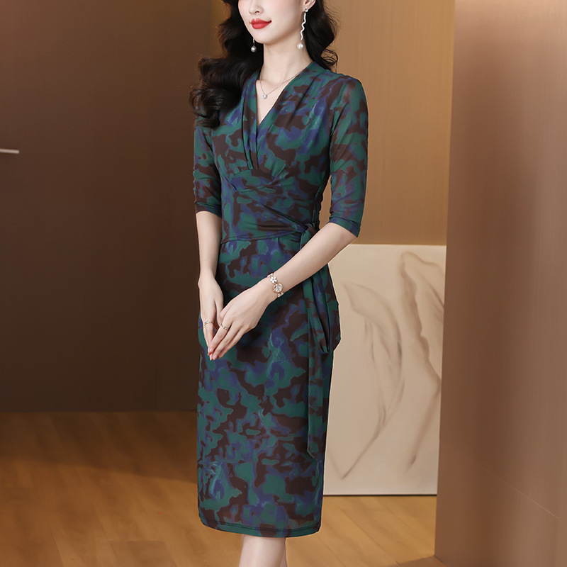 Xwf8751 Elegant V Neck Stretch Mesh Wrap Dress for Women 2025 Summer New Fashion Slim Hip Skirt