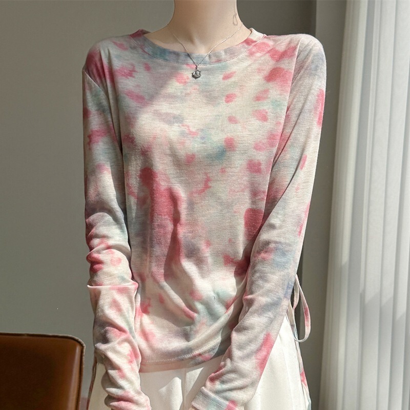 Side-Waist Drawstring Printed Knit Sweater, New Loose-Fitting Color-Blocked Long-Sleeve Tie-Dye Round-Neck Base Shirt for Spring