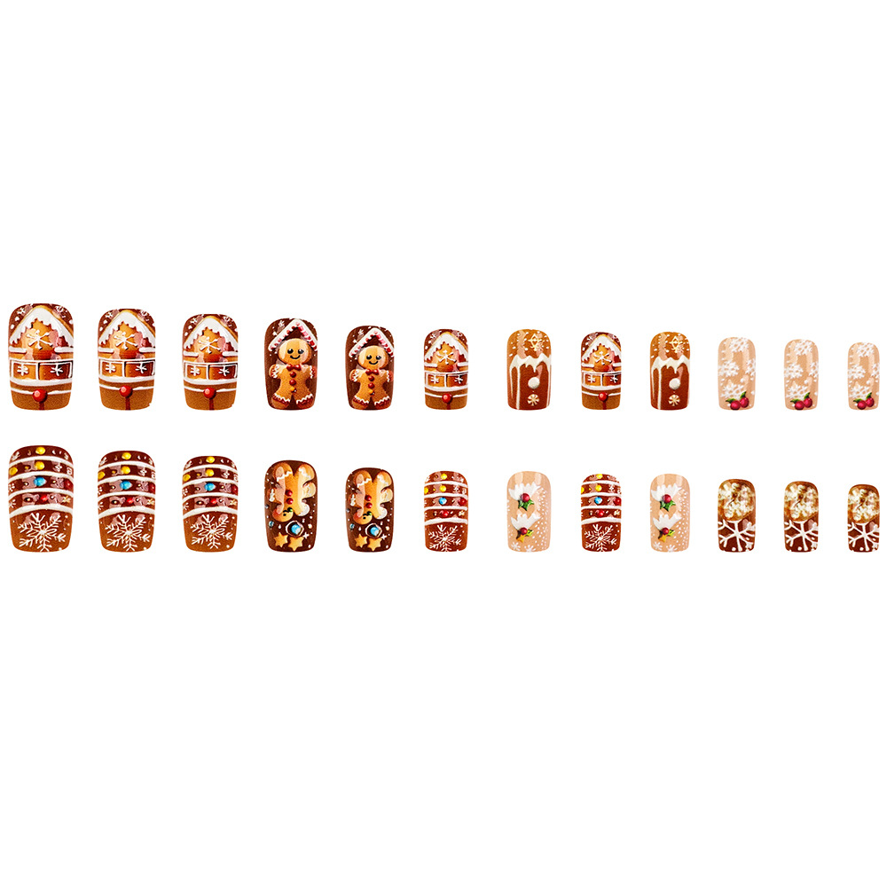 Comercio exterior Navidad pan de jengibre hombre usa uñas 3D en relieve tridimensional uñas 24 piezas de vacaciones de otoño y invierno uñas falsas