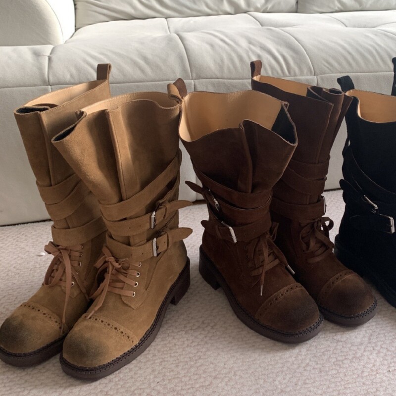 Retro Boots Women's 2025 New Autum Versatile Thick Heel Mid-Calf Knight Boots Strappy Round Toe Western Short Boots