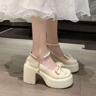 High-Heeled Mary Jane Small Leather Shoes for Women 2025 Spring New Fairy Style Bow Thick Sole Thick Heel Pearls with Skirt