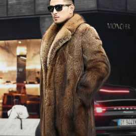 进口貂皮大衣男士渔貂冬季新款加厚中长款仿皮草修身保暖外套