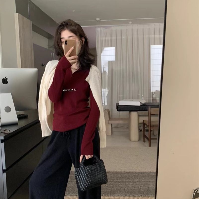 针织毛衣百搭新款拉链外套开衫立领长袖修身针织上衣女春秋打底衫|undefined