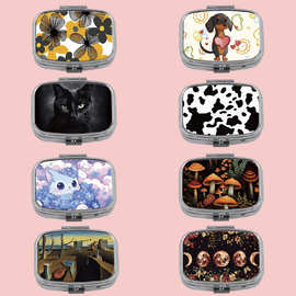 猫咪蘑菇便携式合金药盒分格两格收纳盒化妆镜折叠避光密封药丸盒