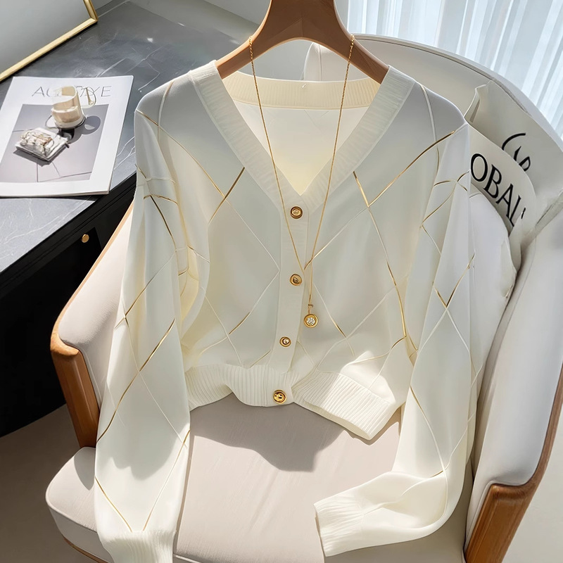 Amazon Independent Platform Cross-Border Foreign Trade Women's Casual White Diamond Stripe V-Neck Knitted Cardigan Long-Sleeve Autumn