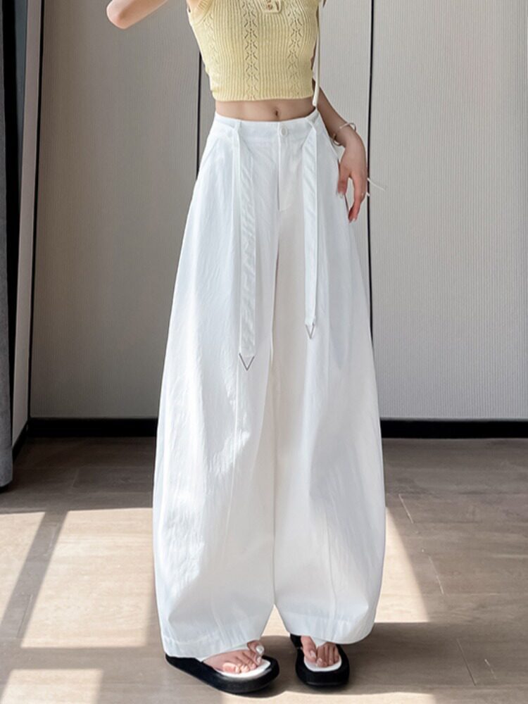 Quần culottes nữ ống rộng cạp cao chất liệu lụa mỏng mùa hè — Trắng thường xuyên