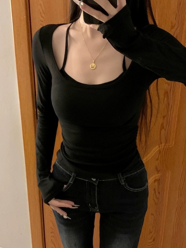 秋冬女装新款磨毛保暖辣妹修身挂脖假两件打底衫浅蓝长袖T恤上衣|undefined