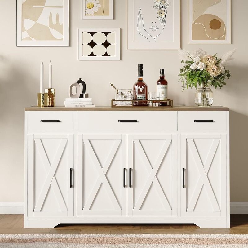 Wooden Coffee Bar Cabinet with Drawers and Shelves Modern Farmhouse Sideboard Buffet Cabinet Barn Door Buffet Storage Cabinet