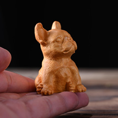 Yabobai Wood Carving Pet Dog French Bulldog Tea Pet Collectible Car Decoration Solid Wood Pug Handle Gift for Couples 