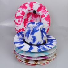 双面扎染毛呢礼帽皮带彩色帽子大檐爵士毡帽水墨画渐变色扎染礼帽