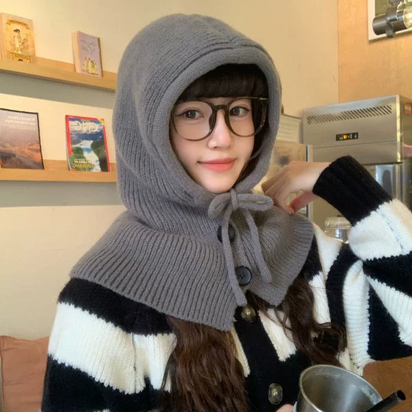 Balaclava Hat for Women, Warm Knitted Scarf, Integrated Hooded Neck Warmer, Ear Protection, Woolen Hat, Hooded Shawl