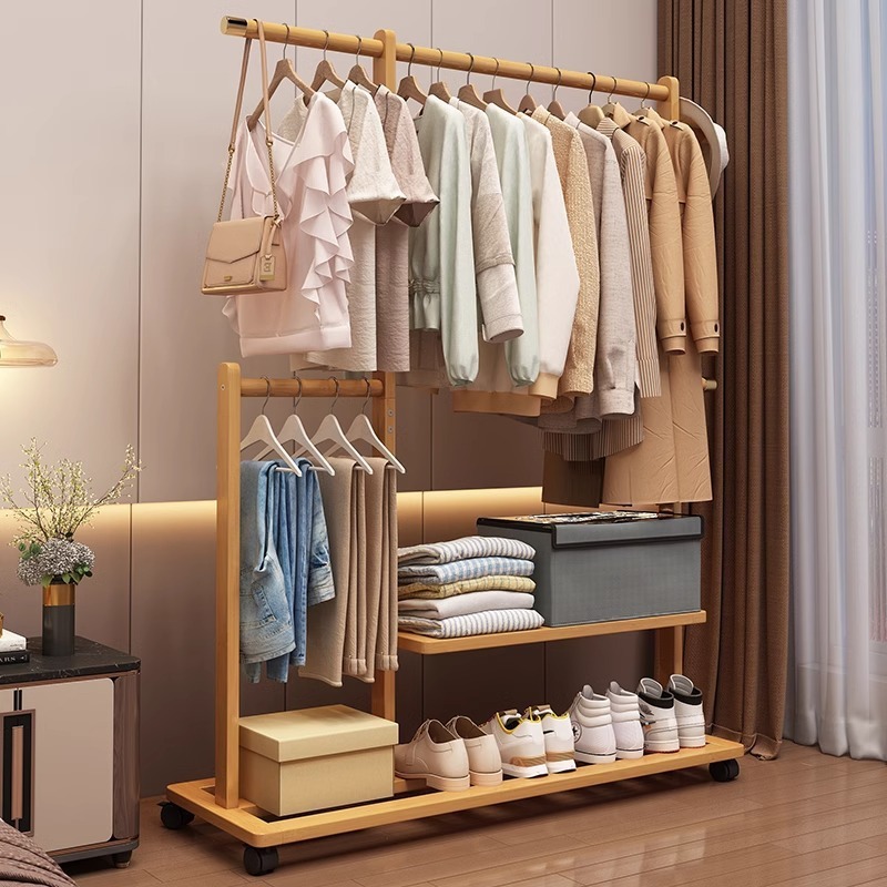 賃貸住宅のコートラック、床置きベッドサイド洋服ラック、シンプルな家庭用屋内ベッドサイド無垢材収納アーティファクトワードローブ|undefined