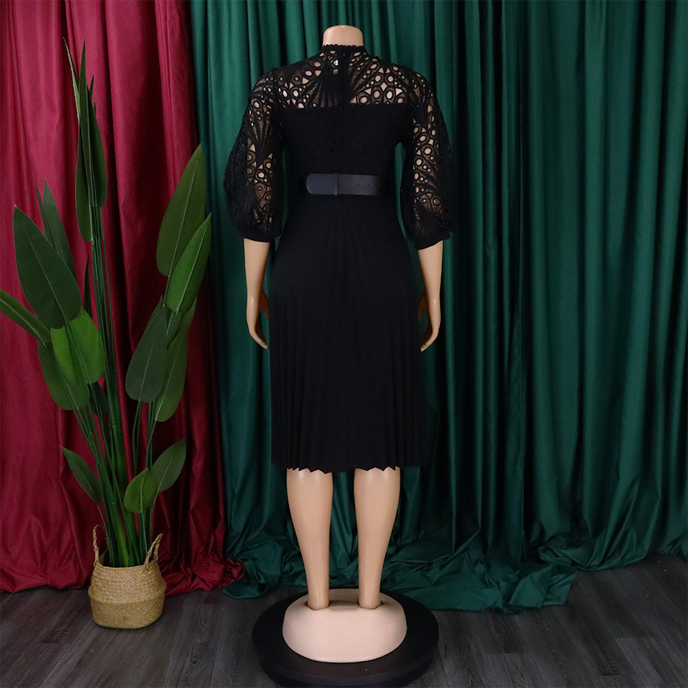 Women's Lace Hook Dress Hollow Pleated Stitching New Clothing_ecoleips.com