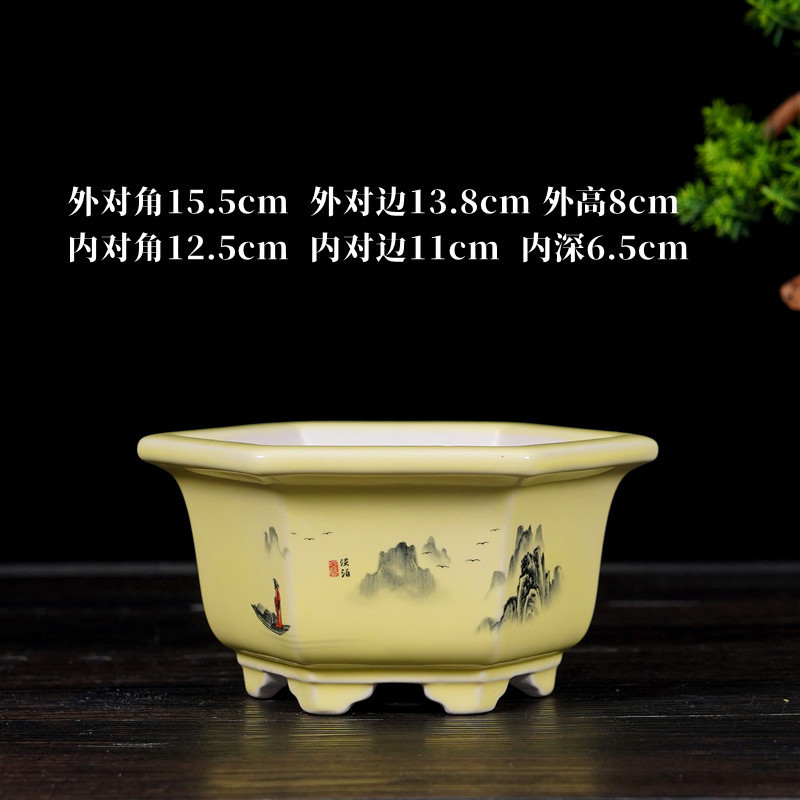 花盆陶瓷六边形大号好看设计感山水彩绘盆栽盆多肉绿植盆新款批发|undefined