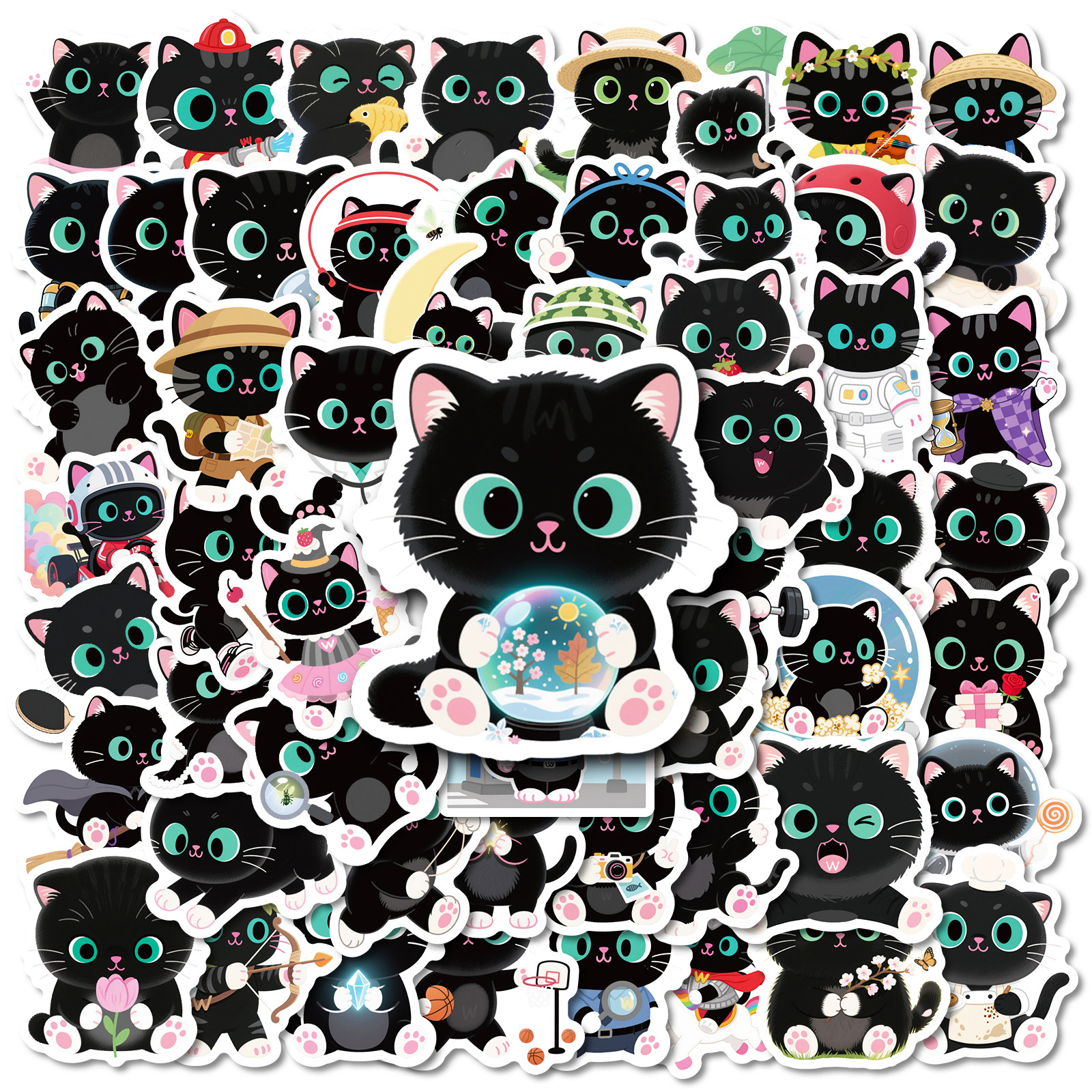 56张跨境新款可爱黑猫日常卡通贴纸创意黑色猫咪水杯笔记本防水贴