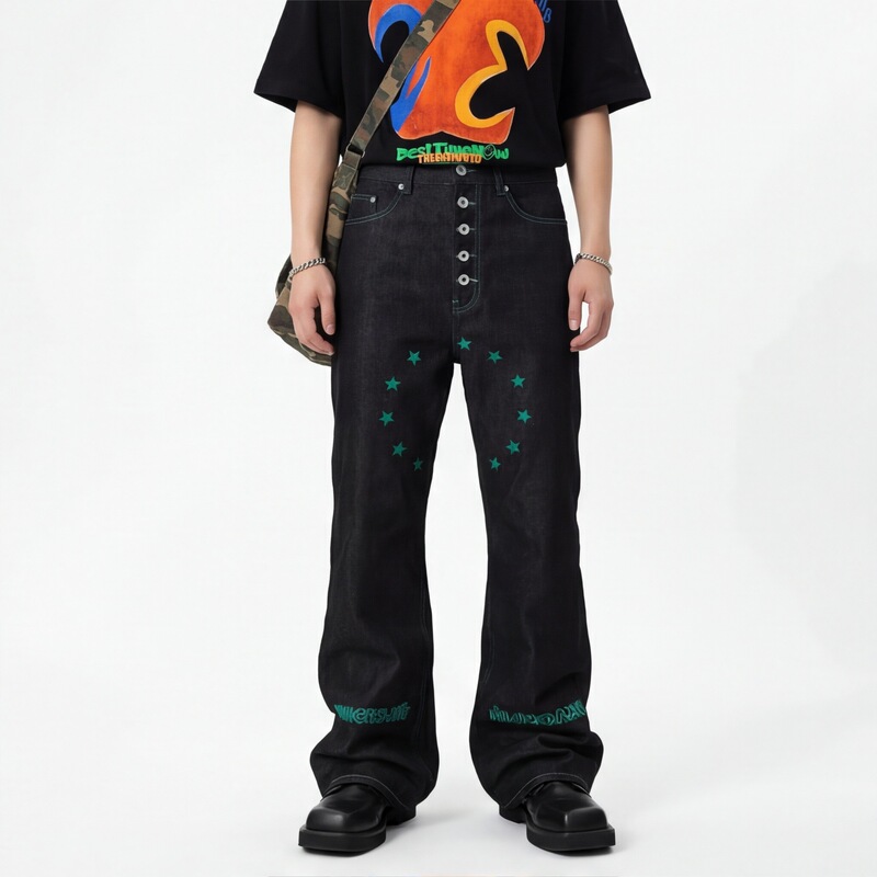 Street-Style Stacked Flared Straight-Leg Embroidered Jeans for Men, American Niche Style with Star and Circle Design Wide-Leg Pants