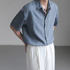肌理感シャツ男半袖夏純色軽熟風男服感五分中袖シャツコート