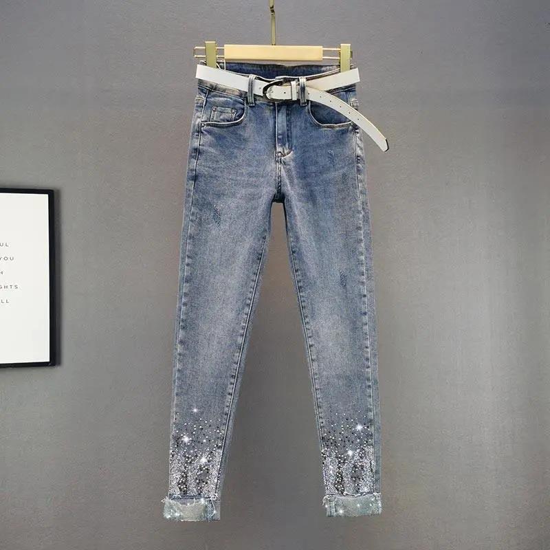 European Sequin Hot Diamond Small-Foot Jeans for Women 2022 Summer New High-Waist Slim Slimming Look Pencil Pants