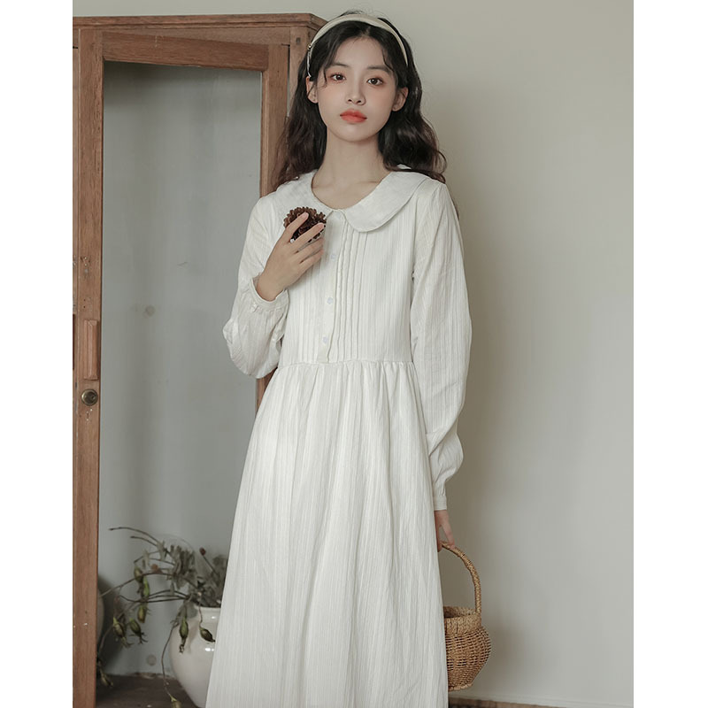 Xiaohongshu Secret Code Delivery 2026 Spring and Autumn New Style White Super Fairy-Like Ladylike Lace-Up Waist-Cinching Doll Collar Dress