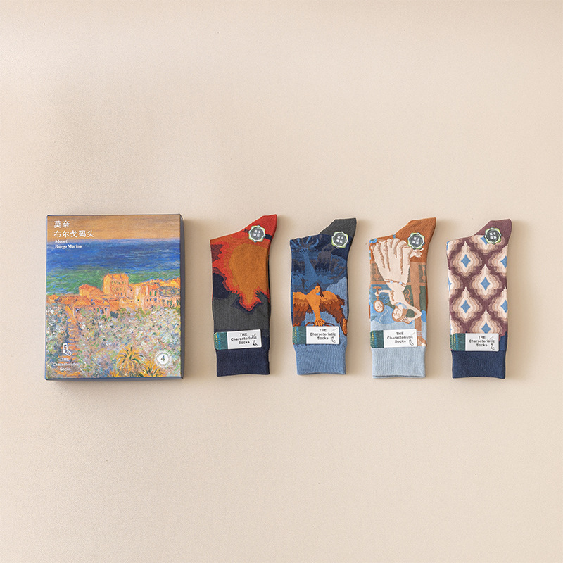 Gift Box Socks Monet Series Oil Painting Trend Socks Autumn and Winter New French Accessible Luxury Niche Cotton Socks Zhuji Socks