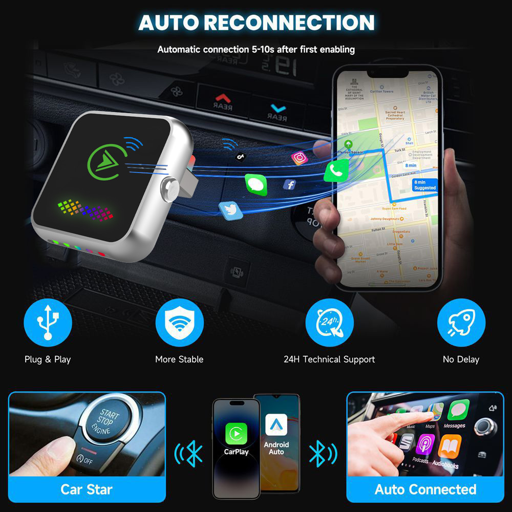 Cross-border upgraded version of CarPlay box with one-click ambient light switching, Android two-in-one car wireless adapter