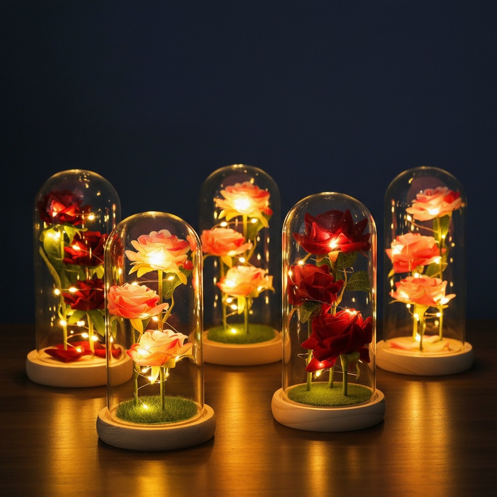 Rosas transfronterizas inmortales flores de tela de vello ramo de flores cubierta de vidrio regalo del día de San Valentín Día de la Madre Navidad creativa Qixi led