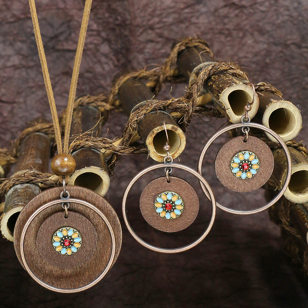 Estilo étnico aleación vintage colgante de madera collar europeo y americano popular antiguo angustiado pendientes geométricos transfronteriza nuevo traje